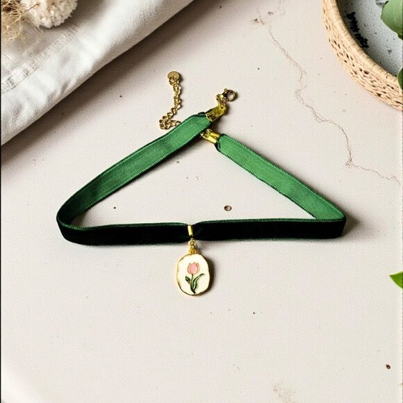 Jewelry - Green Velvet Choker Necklace with Pink Tulip Charm Cottagecore Floral Choker
